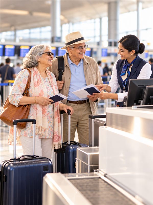 Our staff member handing travellers their papers across a desk