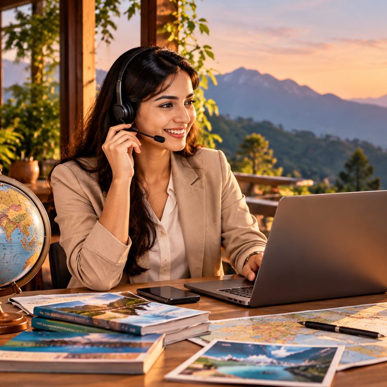 A Beyond Journey travel expert on a headset at her desk