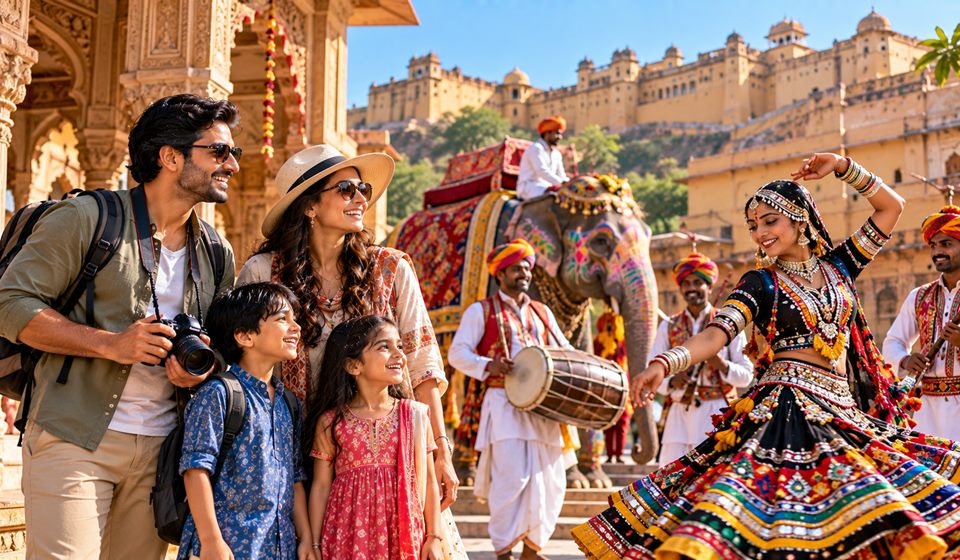 A family watching folk dancers outside a Rajasthan fort